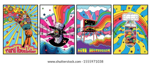 Colorful Psychedelic Poster from the\
1960s, 1970s Love Banners, Psychedelic Background\
Set