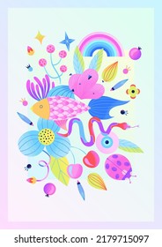 Colorful psychedelic poster with fish, snake, rainbow, berries, flowers, ladybug and stars. Contemporary Art. Beautiful nature. Magical and summer mood. Vector illustration