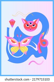 Colorful psychedelic poster with head of three-eyed cat, butterfly, pencil and abstract background blot. Contemporary Art. Blue and red colors. Vector illustration