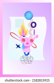 Colorful psychedelic poster with human head, different abstract shapes and purple background. Contemporary Art. Mental health. Design for psychology. Vector illustration