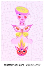 Colorful psychedelic poster with human head and body, butterfly, red three-eyed cat, fire and wavy checkered background. Contemporary Art. Yellow and pink colors. Vector illustration