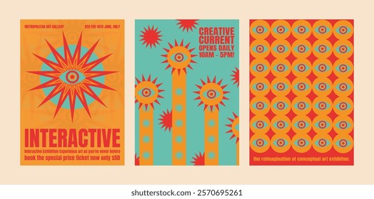 Colorful psychedelic retro abstract art posters with eye motifs. Vibrant designs feature interactive elements. Eye-catching patterns and creative visuals. Psychedelic retro poster template vectors.