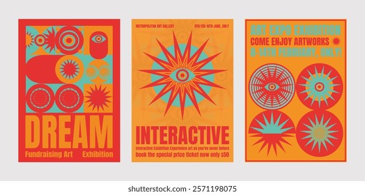 Colorful psychedelic retro art exhibition posters with bold text and eye-catching designs. Vibrant colors art exhibition graphics. Psychedelic retro poster template vectors.