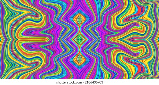Colorful psychedelic seamless marble pattern with hallucination twists. Vector liquid acrylic texture. Flow art. 70s textile background. Tie dye simple artistic effect. Groovy design