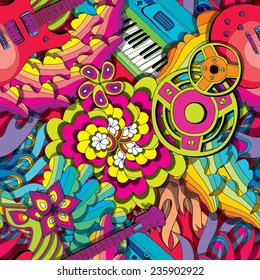 Colorful Psychedelic Seamless Pattern With Guitar And Synth