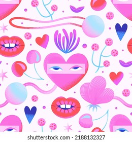 Patrón psicodélico colorido y sin fisuras con corazones, flores rosadas, ojos, labios, cerezas sobre un fondo blanco. Buen humor de verano. Diseño superficial contemporáneo. Papel de encolado, papel pintado, textiles