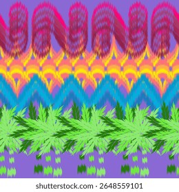 Colorful psychedelic tribal ikat pattern in neon colors. Abstract design feat. vibrant gradients, zigzag motifs, leafy elements. For festival themed fabric, fashion prints, digital paper, and wall art
