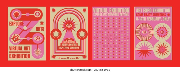 Colorful psychedelic virtual art exhibition posters with abstract designs. Virtual exhibition and creative designs. Bold colors and abstract art style. Psychedelic retro poster template vectors.