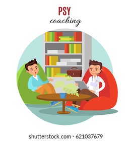 Colorful psychological training concept with coach talking with his client in office vector illustration