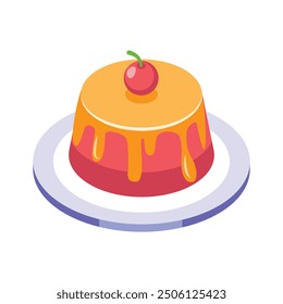 Colorful pudding icon with cherry, representing desserts, sweet treats, and confectionery delights