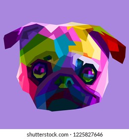 colorful pug head dog on geometric pop art style