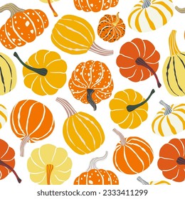 Colorful pumkins seamless pattern. Autumn, fall background, wallpaper. Pumpkins vector illustration for textile, paper design.