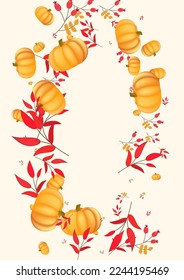 Colorful Pumpkin Background Beige Vector. Gourd Decorative. Burgundy Halloween Template. Oak Card. Green Leaf Happy Banner.