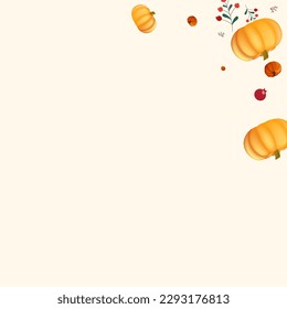 Colorful Pumpkin Background Beige Vector. Rowan Oak. Yellow Cute Template. Graphic Set. Gold Leaf Cozy Card.
