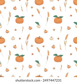 Colorful Pumpkin Pattern With Autumn Leaves and Wheat Stalks. Vector