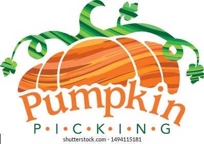 colorful pumpkin picking logo, vector illustration. Pumpkin picking logo, isolated on white  background, fresh vegetables. Pumpkin icon. Farm stand sign.