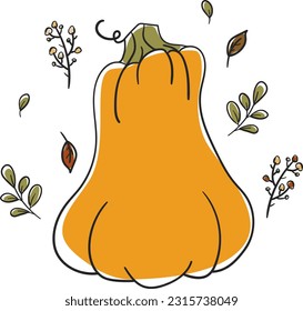 A colorful pumpkin and plant sprigs doodle style