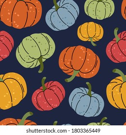 Colorful pumpkin seamless pattern, autumn season harvest. Vector illustration in flat cartoon style on dark blue background. 
