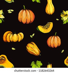 Colorful pumpkin sketch hand drawn vector illustration. Seamless pattern. Vegetable engraved style illustration. Detailed vegetarian food sketch. Farm market product.