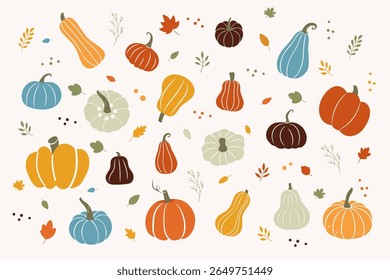 Colorful pumpkin and squash illustration set featuring seasonal fall vegetables, leaves, and berries in warm, muted tones. Perfect for autumn-themed projects, Thanksgiving decor, seasonal packaging, 