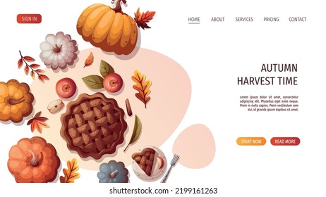 Colorful pumpkins, apple pie and autumn leaves. Autumn, harvest, thanksgiving day, fall concept. Vector illustration. Website banner template.