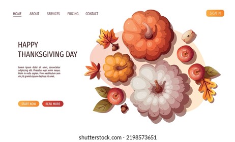 Colorful pumpkins, apples and autumn leaves. Autumn, harvest, thanksgiving day, fall concept. Vector illustration. Website banner template.