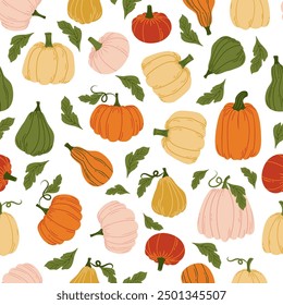 Colorful Pumpkins and Autumn Leaves Seamless Pattern. Thanksgiving Harvest Fall Pumpkin Holiday Food