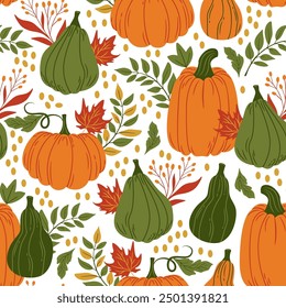 Colorful Pumpkins and Autumn Leaves Seamless Pattern. Thanksgiving Harvest Fall Pumpkin Holiday Food