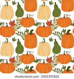 Colorful Pumpkins and Autumn Leaves Seamless Pattern. Thanksgiving Harvest Fall Pumpkin Holiday Food