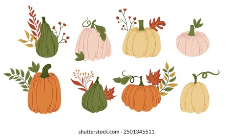 Colorful Pumpkins and Autumn Leaves. Thanksgiving Harvest Fall Pumpkin Holiday Food