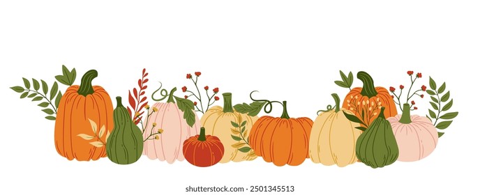 Colorful Pumpkins and Autumn Leaves. Thanksgiving Harvest Fall Pumpkin Holiday Food