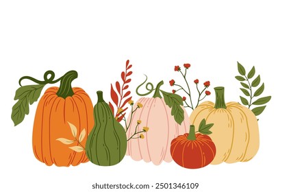 Colorful Pumpkins and Autumn Leaves. Thanksgiving Harvest Fall Pumpkin Holiday Food