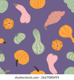 
Colorful Pumpkins and Gourds Pattern Illustration. Endless textures for your design
