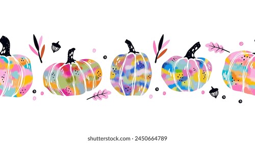 Colorful pumpkins horizontal seamless border, hand drawn, trend colors, great for banners, wallpaper, cards - vector design