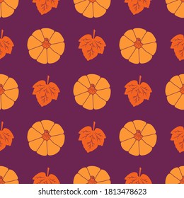 Colorful Pumpkins with leaves on a burgundy background. Seamless vector pattern. Cute autumn illustrations for holiday decorations, festive cards, banners, wrappings, prints, fabrics, modern textiles.