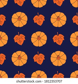 Colorful Pumpkins with leaves on a navy blue background. Seamless vector pattern. Cute autumn illustrations for holiday decorations, festive cards, banners, wrappings, prints, fabrics, modern textiles