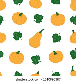 Colorful Pumpkins with leaves on a white background. Seamless vector pattern. Cute autumn illustrations for holiday decorations, festive cards, banners, wrappings, prints, fabrics, creatives crafts.