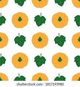 Colorful Pumpkins with leaves on a white background. Seamless vector pattern. Cute autumn illustrations for holiday decorations, festive cards, banners, wrappings, prints, fabrics, modern textiles.