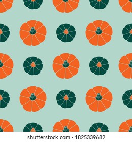 Calabazas coloridas sobre un fondo de teal ligero. Patrón vectorial sin cable. Caer. Ilustraciones de otoño para decoraciones de vacaciones, tarjetas, pancartas, papel de envoltura, estampados modernos, tejidos vibrantes, textiles.