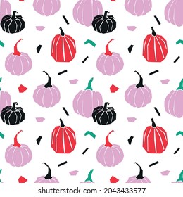 Colorful pumpkins on a white background. Seamless pattern. Background for wallpaper, textile, postcards, wrapping, etc. 