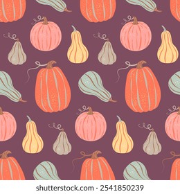 Colorful pumpkins seamless pattern on purple background. Vector illustration in a vintage retro style. Thanksgiving, harvest, autumn season fabric textile, packaging, wrapping paper, wallpaper design