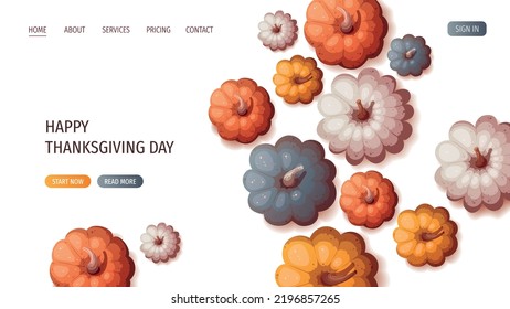 Colorful pumpkins top view. Autumn, harvest, thanksgiving day concept. Vector illustration. Website, banner template.