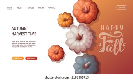 Vista superior de calabazas coloridas. Letras escritas a mano "Happy fall". Otoño, cosecha, concepto de día de acción de gracias. Ilustración vectorial. Sitio web, plantilla de banner.