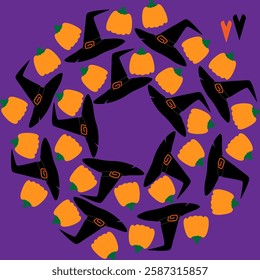 Colorful pumpkins, Witch Hats with buckle Circle Frame border on purple Copy space Template concept