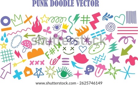 Colorful punk doodle vector set featuring hand-drawn icons, symbols, grunge elements, lightning bolts, stars, eyes, arrows, and abstract shapes. Trendy, fun, edgy design for stickers, prints, digital