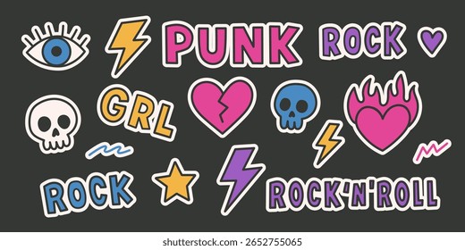 Colorido Punk Rock Adesivos com Crânios, Corações, Relâmpagos, Olhos e Estrelas para Tatuagem e Rock n Roll Lovers