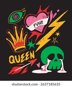 Colorful punk-inspired doodles including a heart, crown, skull, lightning bolt, and graffiti text, hand-drawn style on a black background. Vector illustration