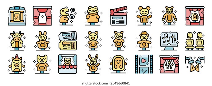 Colorful puppet show icons depicting animal puppets, stage setups, clapperboard, tickets, and other related elements