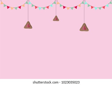 Colorful Purim template with hamantashen and colorful festoons