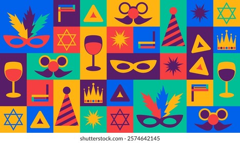 Colorful Purim themed banner with masks, crowns, hamantaschen, wine glasses, groggers, and Star of David symbols on a vibrant background. Geometry vector modular background